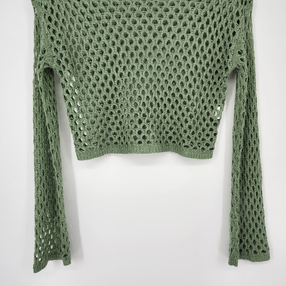 Sage‎ Green Open Knit Top Size S Cropped Long Sleeve Concert Rave Festival Disco - Picture 4 of 7